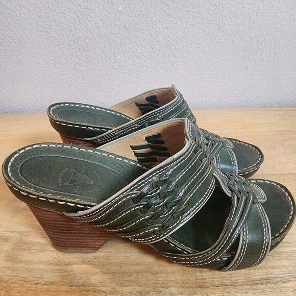 Frye Shoes - Frye Sandals Womens Size 7 Green Leather Woven Slide Mule High Heels 73370